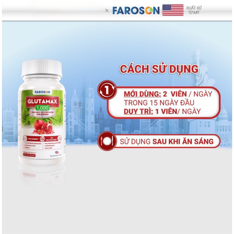 (Hàng C.Ty + Tặng mask) Viên Uống Giảm Nám Trắng Da Chống Nắng Faroson Glutamax 1000