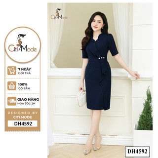 Đầm công sở CITI MODE FASHION thiết kế dáng ôm tím than nhún hông đính cúc DH4592