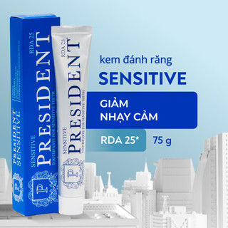 Kem đánh răng President Sensitive. Giảm độ nhạy cảm của men răng và ngà răng. Ngừa sâu răng. Giảm viêm. RDA 75
