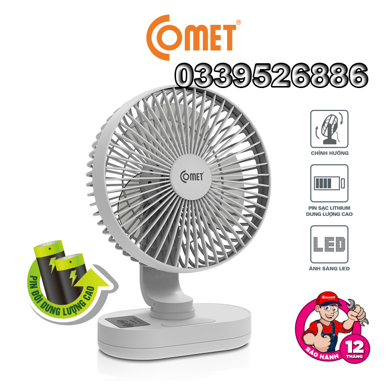 Quạt Sạc Đa Năng Để Bàn COMET CRF1406 Công Suất 6W 3 Cấp Độ Gió, Đèn LED, Pin Lithium Dung Lượng Cao Tích Điện Cao