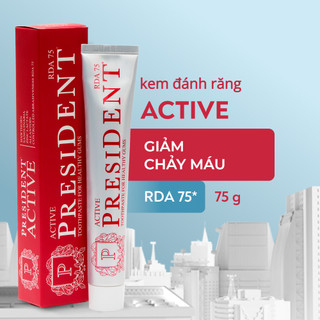 Kem đánh răng President Active. Làm se nướu, giảm chảy máu. Ức chế sự phát triển vi khuẩn. Ngừa sâu răng. RDA 75