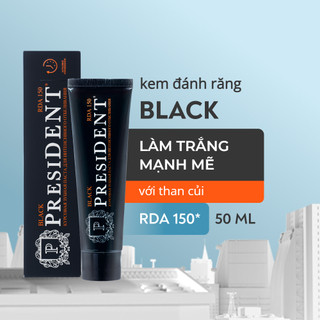 Kem đánh răng President Black. Làm trắng răng chuyên sâu. Sạch mảng bám. Tăng cường men răng và chống oxy hóa. RDA 150