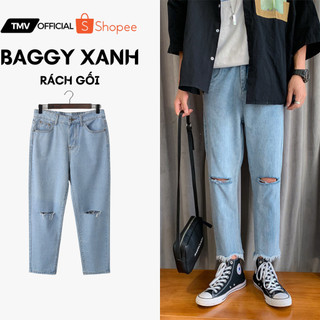 Quần jeans ống rộng nam nữ rách gối , dáng suông , không phai màu phong cách Hàn Quốc