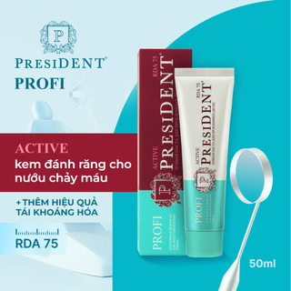 Kem đánh răng chuyên nghiệp President PROFI Active. Kháng khuẩn. Giảm chảy máu nướu. Tái khoáng hóa men răng. RDA 75