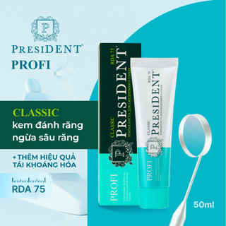 Kem đánh răng chuyên nghiệp President PROFI Classic. Diệt khuẩn, giảm viêm. Ngừa sâu răng. Tái khoáng men răng. RDA 75