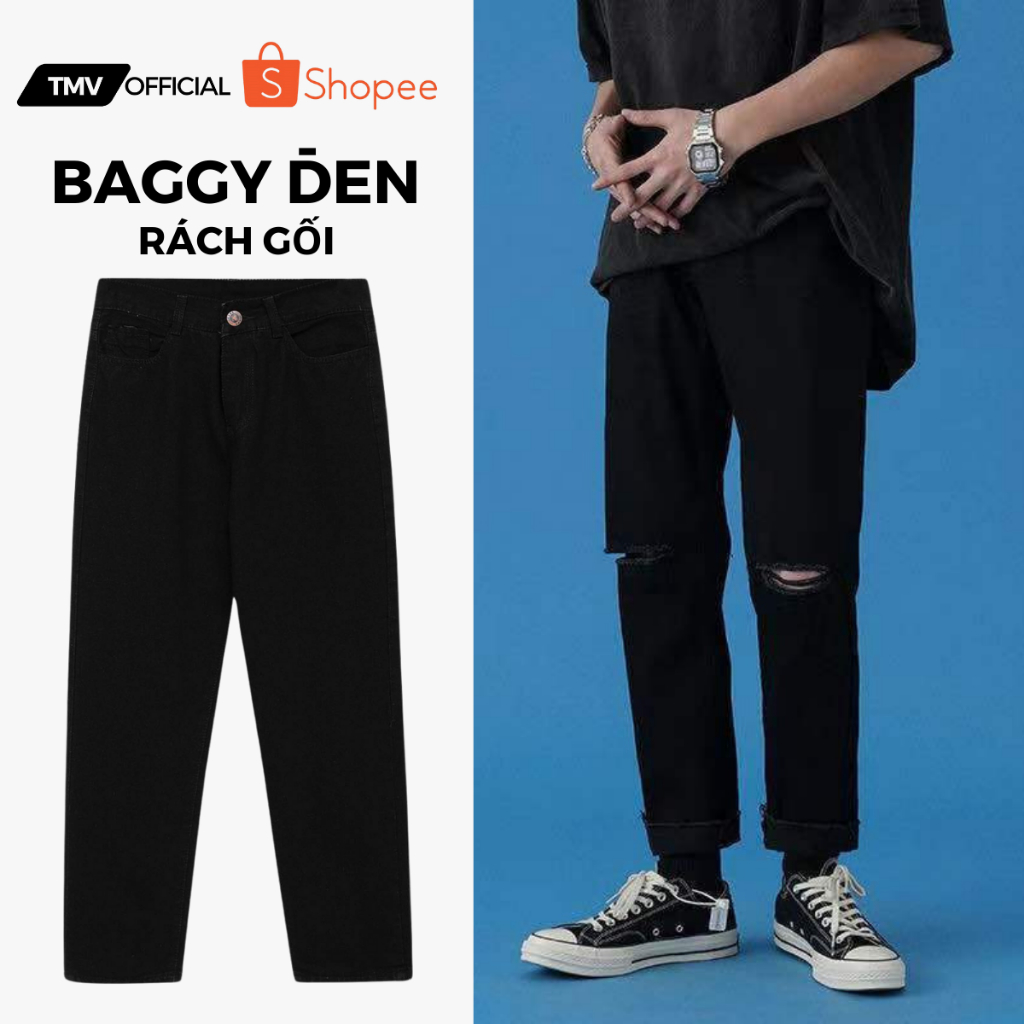 Quần baggy nam nữ đen rách gối , quần jeans ống rộng , dáng xuông , không phai màu phong cách Hàn Quốc