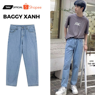 Quần jeans ống rộng nam nữ màu xanh phong cách unisex , quần baggy vải jeans không phai màu V12