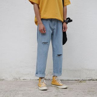 Quần jeans xanh rách gối ống rộng , dáng suông , quần baggy rách không phai màu , phong cách dạo phố Hàn Quốc