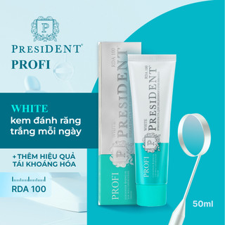 Kem đánh răng chuyên nghiệp President PROFI White. Hỗ trợ trắng răng. Tái khoáng hóa men răng. Làm sạch mảng bám. RDA 75