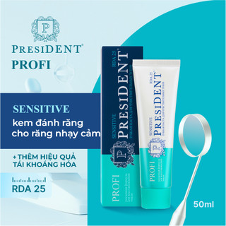 Kem đánh răng President PROFI Sensitive. Giảm độ nhạy cảm của men răng và ngà răng. Tái khoáng hóa men răng. RDA 25
