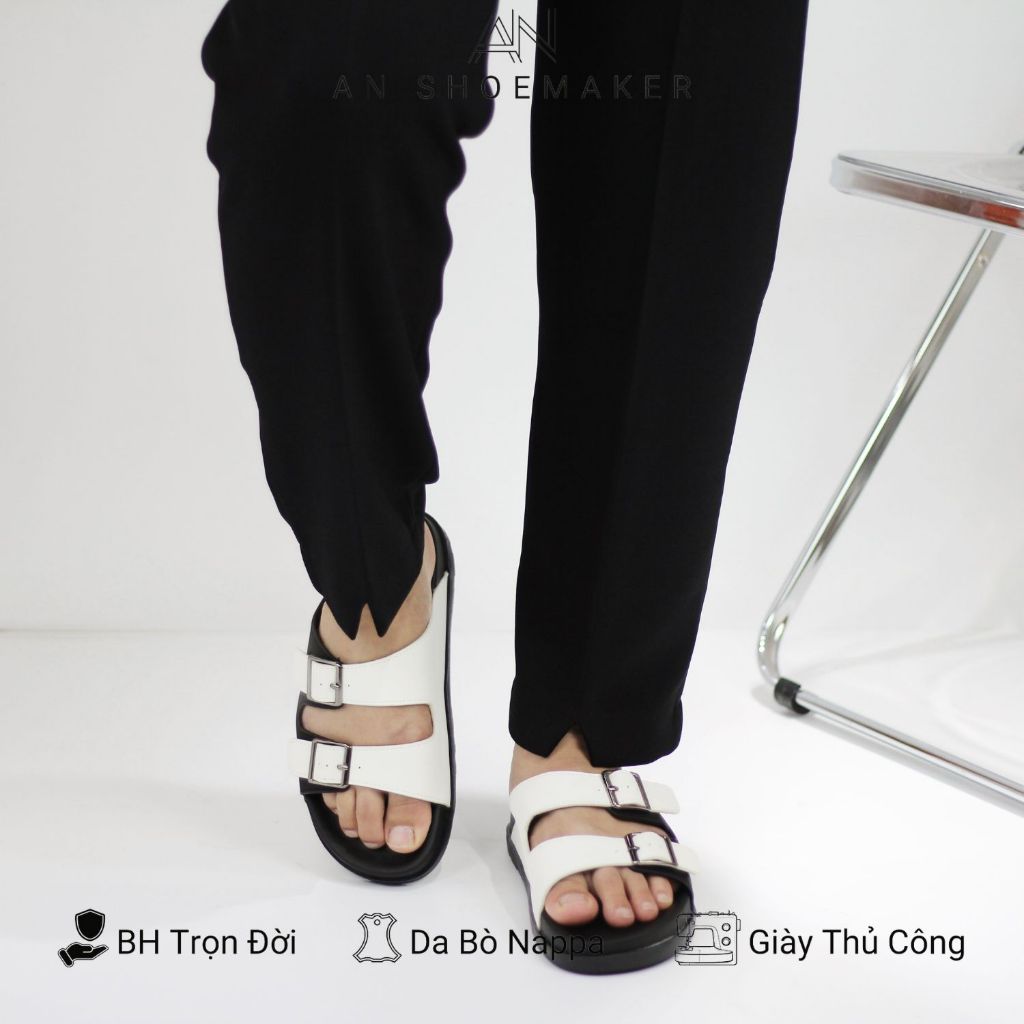 Dép nam AN SHOESMAKER kiểu dép 2 quai ngang đính khóa dép đế bằng da microfiber đế cao 3,5cm dùng đi biển đi chơi DAN02