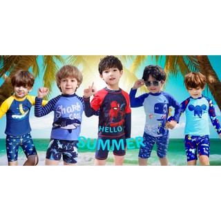 Đồ Bơi Bé Trai Dài Tay Habi Fashion HB2408 Tặng Kèm Mũ, Bộ Bơi Bé Trai Chất Liệu Co Giãn Cho Bé Từ 9-35kg
