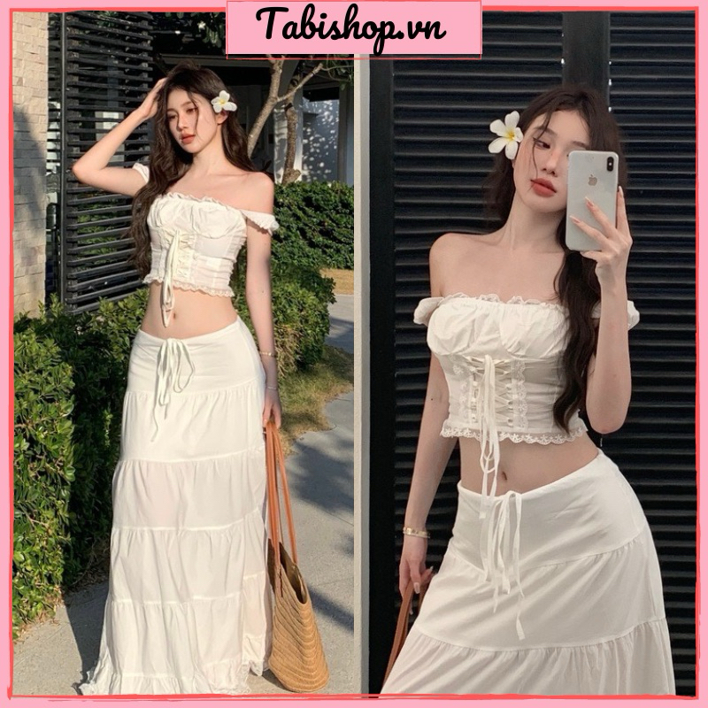 Set đồ đi biển màu trắng TABISHOP Set áo croptop trễ vai phối chân váy dài sang chảnh hottrend mặc hè(11) | BigBuy360 - bigbuy360.vn