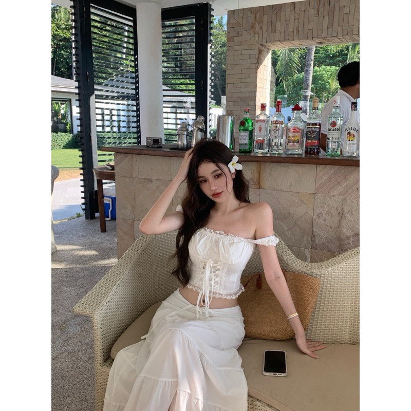 Set đồ đi biển màu trắng TABISHOP Set áo croptop trễ vai phối chân váy dài sang chảnh hottrend mặc hè(11) | BigBuy360 - bigbuy360.vn