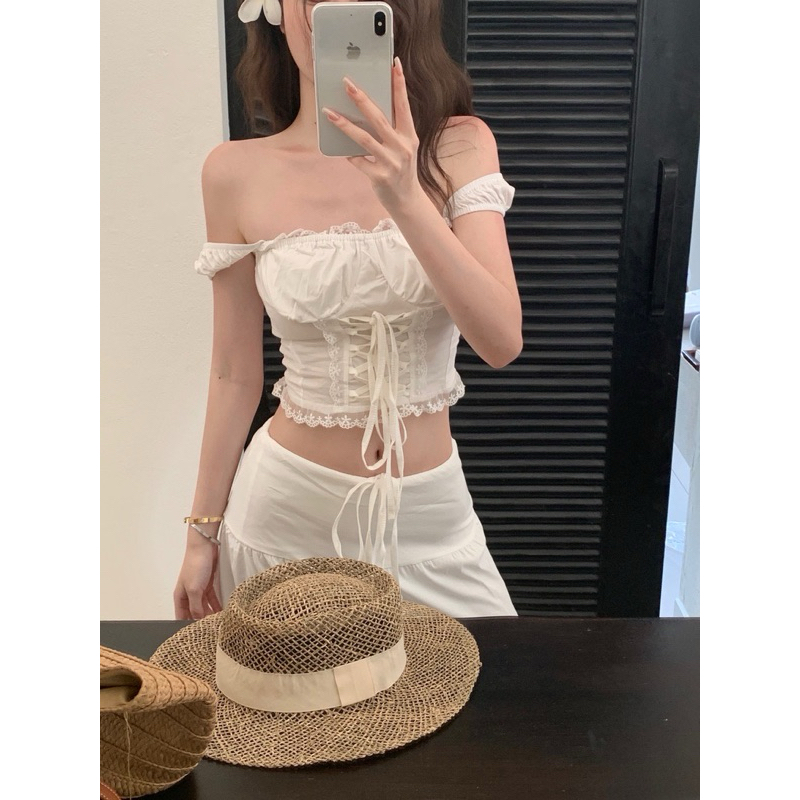 Set đồ đi biển màu trắng TABISHOP Set áo croptop trễ vai phối chân váy dài sang chảnh hottrend mặc hè(11) | BigBuy360 - bigbuy360.vn