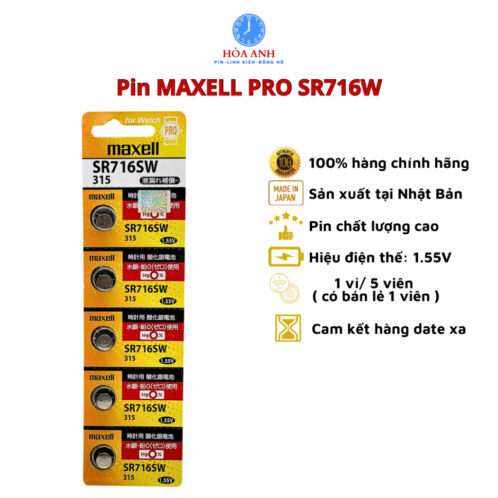 Pin MAXELL chính hãng SR516SW-SR716SW vỉ vàng (vỉ 5 viên) 1.5V