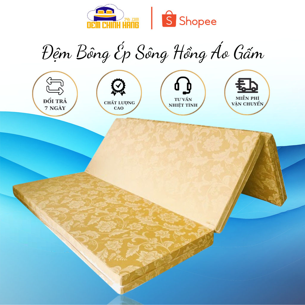 [ Tặng 2 Gối ] Đệm Bông Ép Sông Hồng Áo Gấm