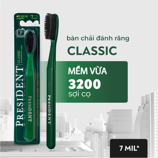 Bàn chải đánh răng President Classic. Độ cứng bàn chải Vừa. Giúp đánh bóng men răng và không làm tổn thương nướu. 7 MIL