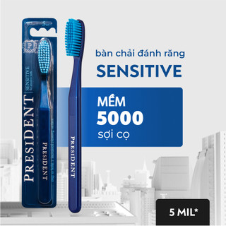 Bàn chải đánh răng President Sensitive. Lông bàn chải Mềm mại. Dành cho răng nhạy cảm. Làm sạch tinh tế mỗi ngày. 5 MIL