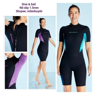  Đồ bơi giữ nhiệt 1.5mm dành cho nữ hiệu Dive & Sail D132214F-EU   D132213F màu đen phối tím đen phối xanh ngọc 