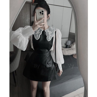 SET ĐẦM ĐEN DÁNG A KÈM ÁO VOAN TRẮNG CỔ REN