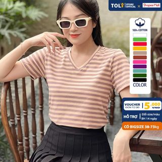 Áo thun cổ tim nữ TOLI sọc kẻ ngang, vải cotton 4 chiều mềm mịn, dáng suông ôm vừa, đủ size 