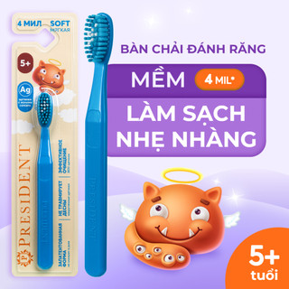 Bàn chải đánh răng  President cho trẻ từ 5 tuổi. Ion bạc kháng khuẩn. Lông bàn chải Siêu mềm. 4 MIL