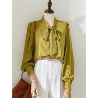 Áo sơ mi nữ thiết kế vải tơ tằm sọc cổ nơ sang trọng chất liệu mềm mát LAMO-B1234