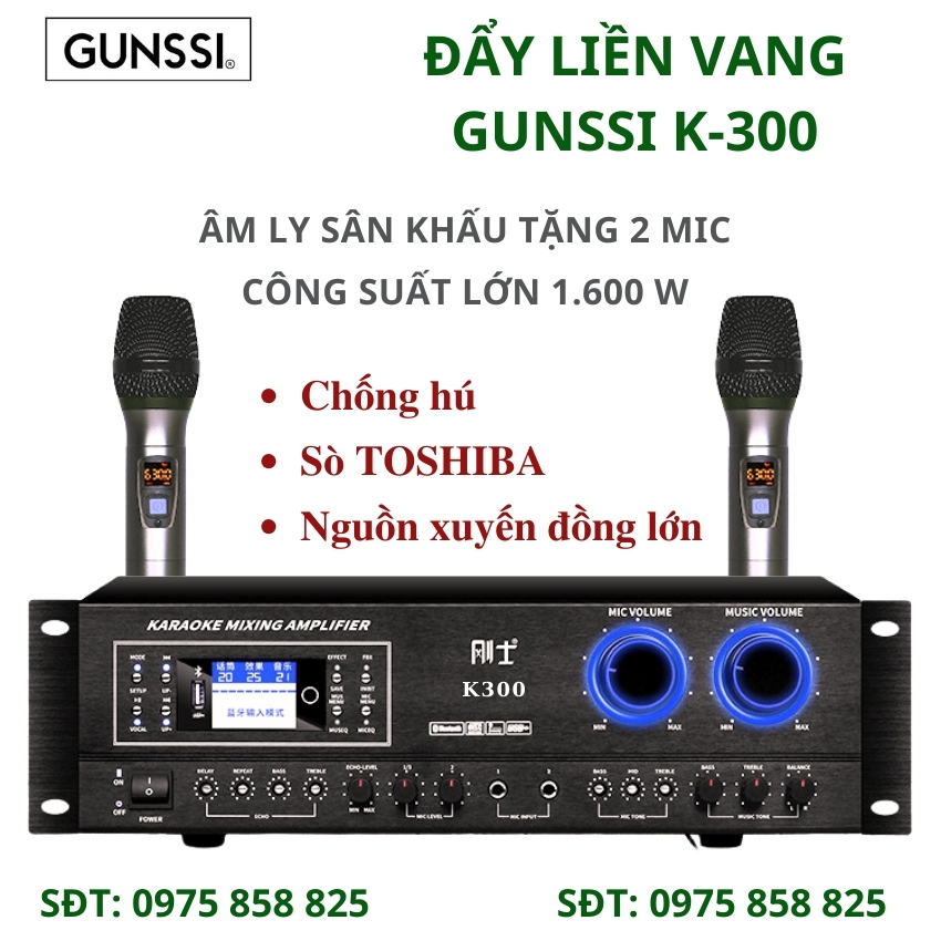 Gunssi Đẩy liền vang Gunssi K300 tặng kèm 2 mic công suất lớn chống hú cục đẩy liền vang bluetooth, âm ly công suất lớn