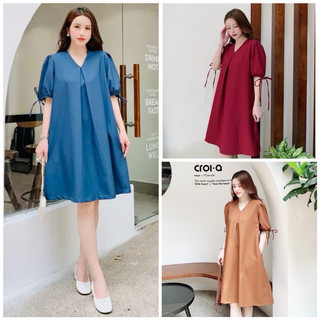 Đầm váy suông cổ V tay nơ 3 màu