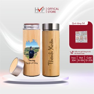 Bình giữ nhiệt bằng gỗ tre in khắc hình ảnh tên câu chúc theo yêu cầu 500ml giữ nhiệt 8 10h hàng chính hãng