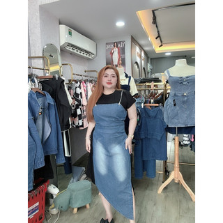 Đầm yếm bigsize NỮ THẢO MINHON đầm yếm jeans dây xích phối fom dáng dài 60-90kg
