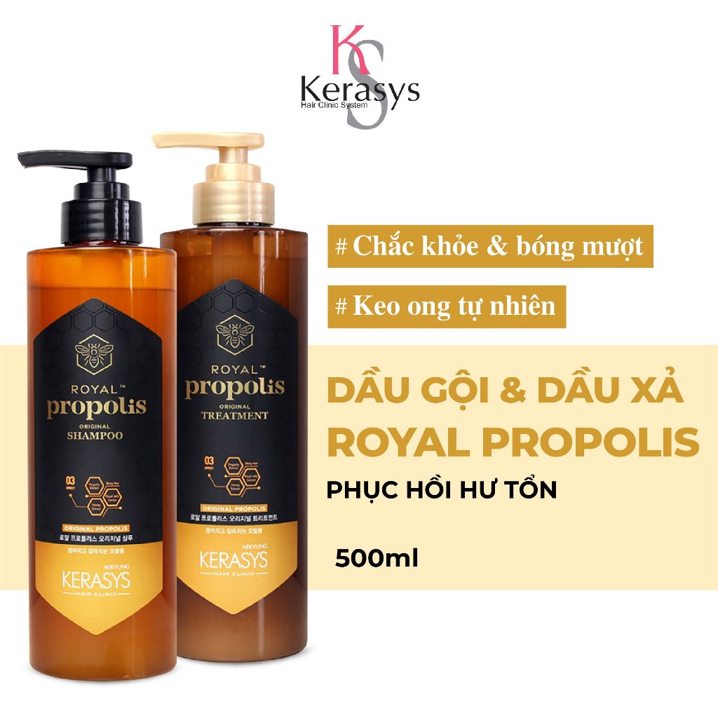 Cặp dầu gội xả phục hồi keo ong Kerasys Royal Propolis Hàn Quốc dành cho tóc khô xơ hư tổn, chẻ ngọn