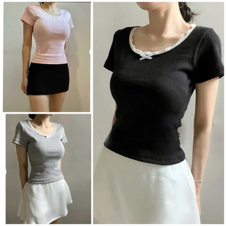  ÁO THUN FORM Fit BABY TEE CỔ TRÒN VIỀN REN PHỐI NƠ