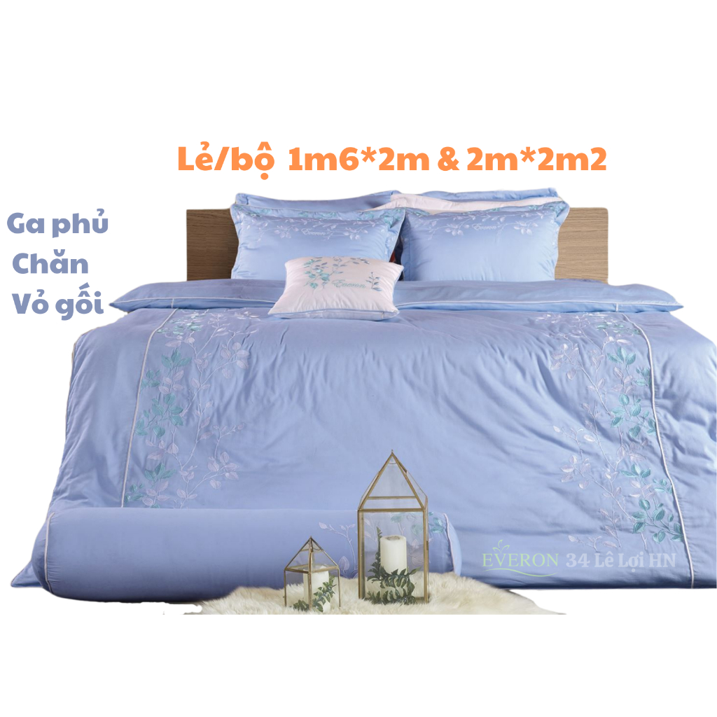 Drap chăn ga Everon ESC 19001 màu xanh thêu cành lá vải cotton ố thanh lý