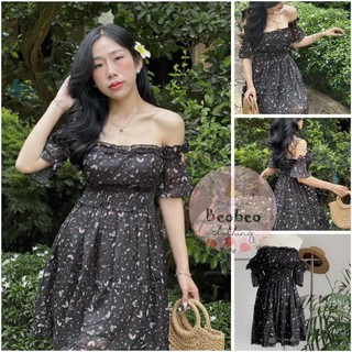 [Ảnh thật] Đầm trễ vai voan hoa nhí đen dễ thương