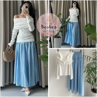 Set áo bẹt vai tay dài kèm chân váy midi xanh