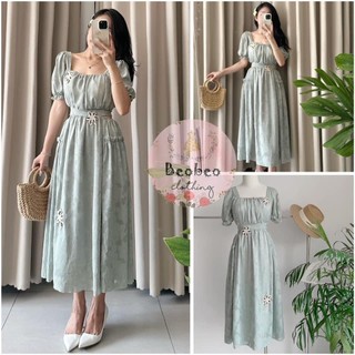 [Ảnh thật] Đầm midi xanh cổ vuông tay phồng hở eo cột nơ vintage