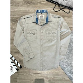 Áo sơ mi nam tay dài màu xám đậm phối denim  in SKN  chất kaki dày dặn chi tiết như hình  	 S3131 K3 STORE