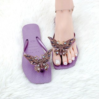  Dép Kẹp Nữ Havaianas Đế Vuông Kim Tuyến Tím Đính Phụ Kiện Bươm' 