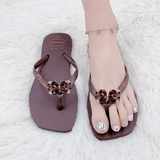 Dép Nữ Đế Vuông Pop-up Nâu Đính Charm Nơ Tím