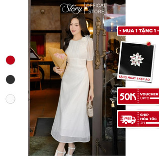 Đầm váy trắng tay ngắn form midi voan tơ xốp sọc cao cấp du lịch dạo phố dự tiệc Joven  Story thời trang nữ