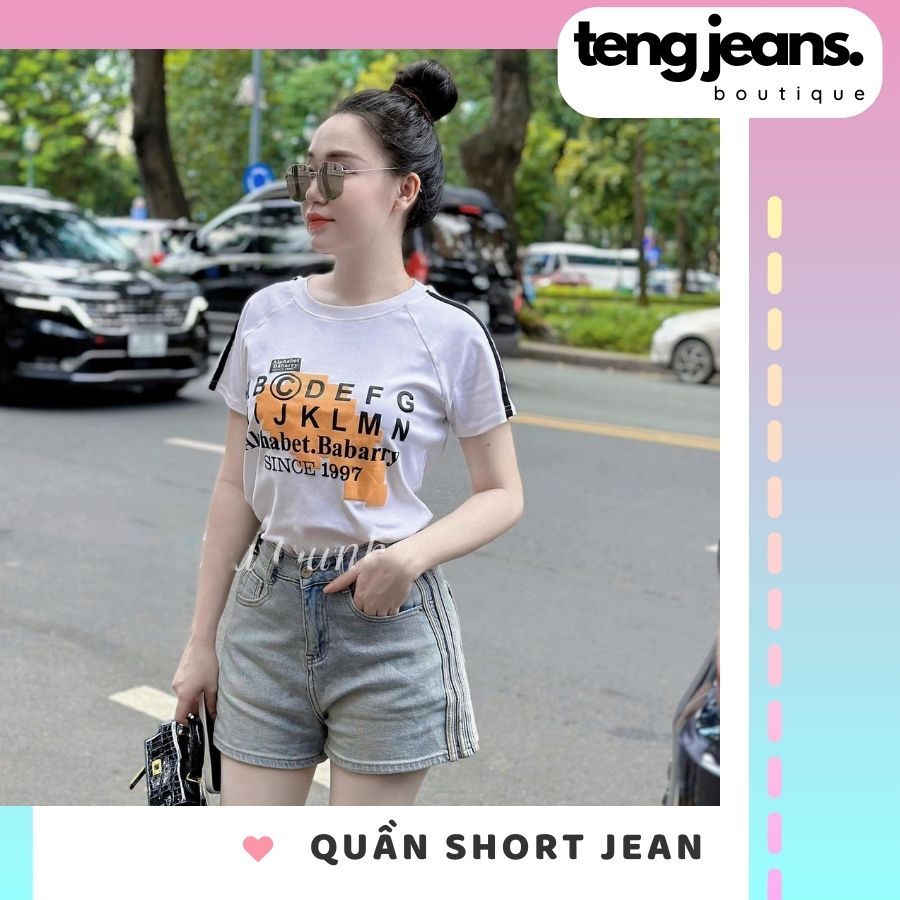 Set đồ nữ Quần short jean kẻ sọc + Áo thun co giãn CS17, Quần jean ngắn nữ cá tính phong cách đường phố