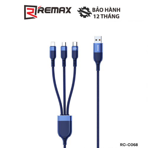 Cáp sạc đa năng 3 in 1 Remax RC-C068 bọc dù chống đứt gãy Max 66W 6A