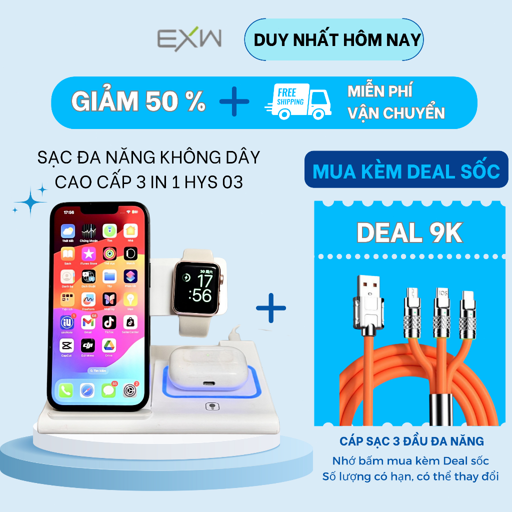 Đế sạc nhanh không dây EXW đa năng 3 trong 1, bản nâng cấp hỗ trợ sạc nhanh 15W, sạc được nhiều thiết bị, bảo vệ máy