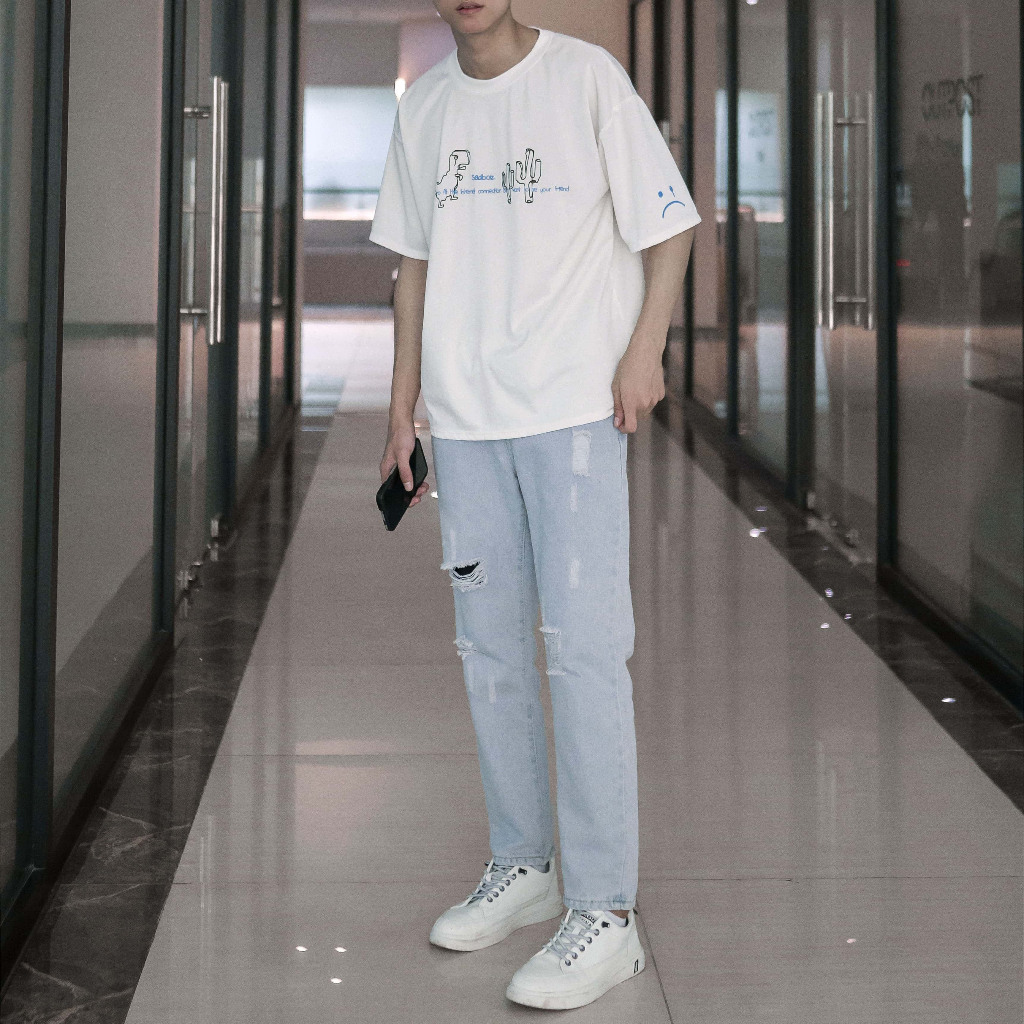 Quần jean nam ống suông rách gối dáng baggy màu xanh trắng nhạt mài xước đùi đẹp 050 Pon.mens