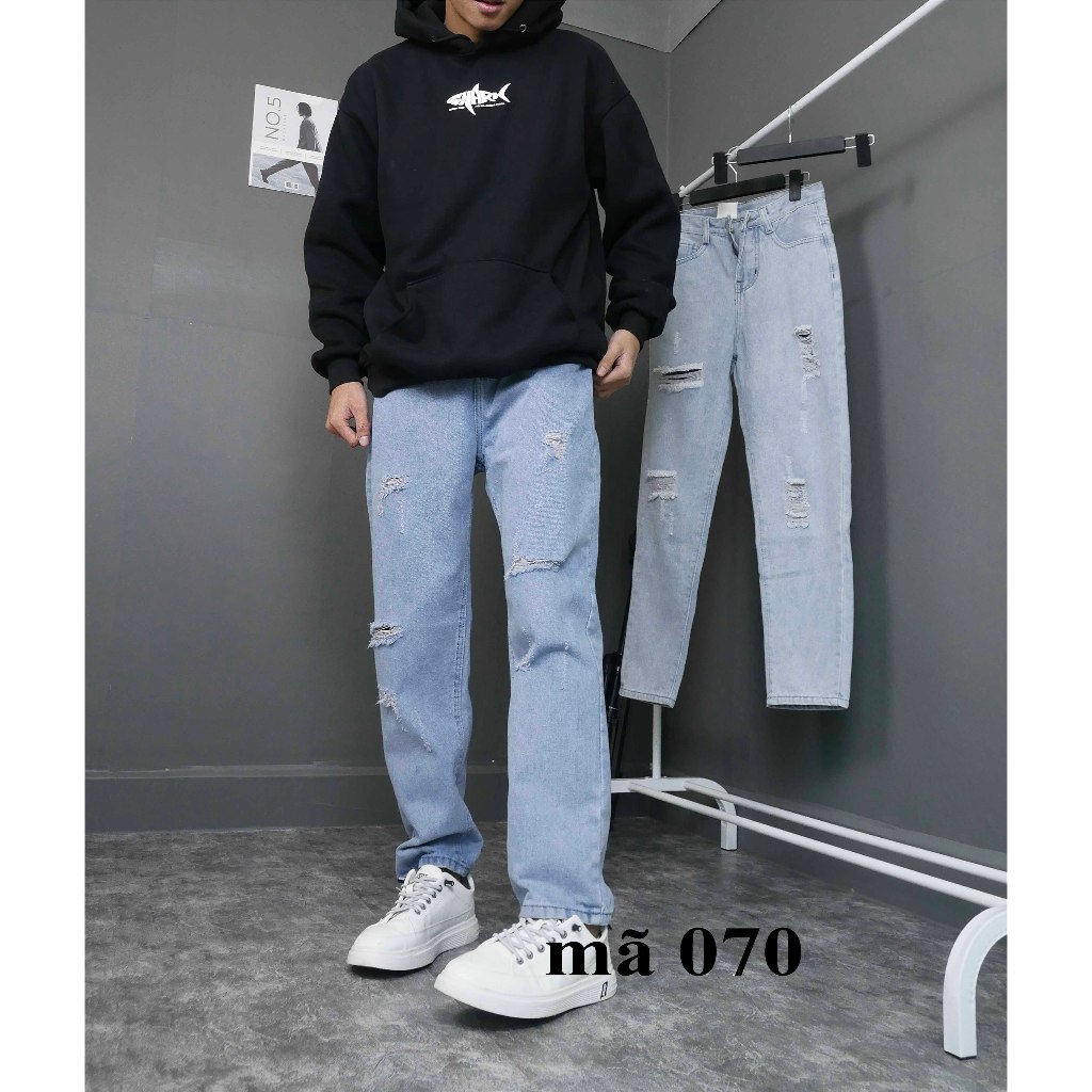 Quần jean nam ống suông rách gối dáng baggy màu xanh trắng nhạt mài xước đùi đẹp 050 Pon.mens