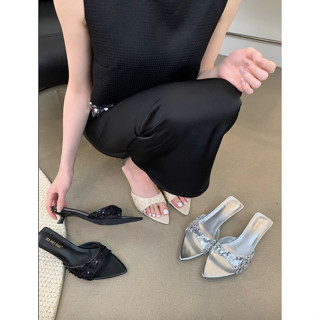 [ORDER] ~ JIA MEI RUI Mùa hè 2024 Guốc mũi nhọn quai ngang sequin hở mũi, dép nữ cao gót quai lấp lánh