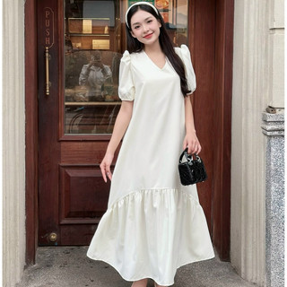 Váy suông dáng dài nữ tính CECI tay bồng dáng đuôi cá chất liệu thô mềm mát, 3 màu kem- hồng - xanh dương [V189]
