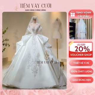 Váy cưới cô dâu, 💖tặng voan cài đầu💖, đầm cưới đi tiệc, cúp ngực, vải phi bóng, đính họa tiết, tùng xòe ,tvc46